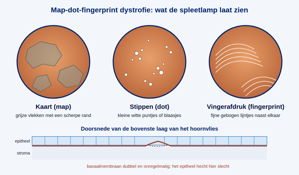 Map-dot-fingerprint dystrofie: vlekken (kaart), stipjes en fijne lijntjes (vingerafdruk) in het hoornvlies, en een doorsnede van de slecht hechtende bovenste laag